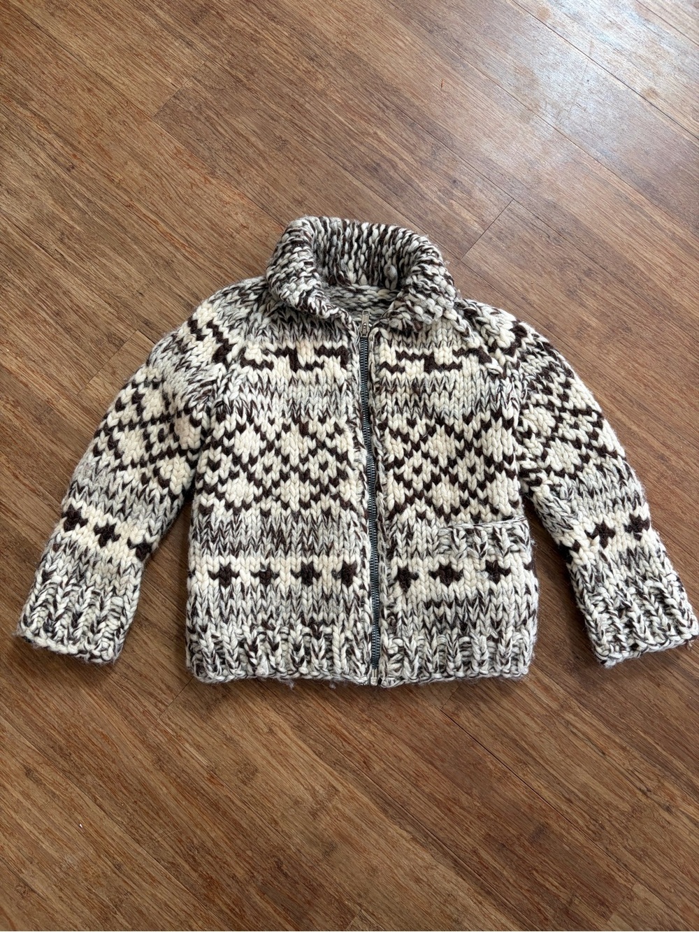 Vintage Kids Cowichan Style Hand Knit Wool Zip Up Sweater Geometric Sz 5/6